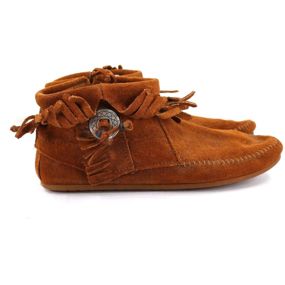 Minnetonka Womens Moccasin Bootie Brown Suede Leather Embellished Zip Size 9